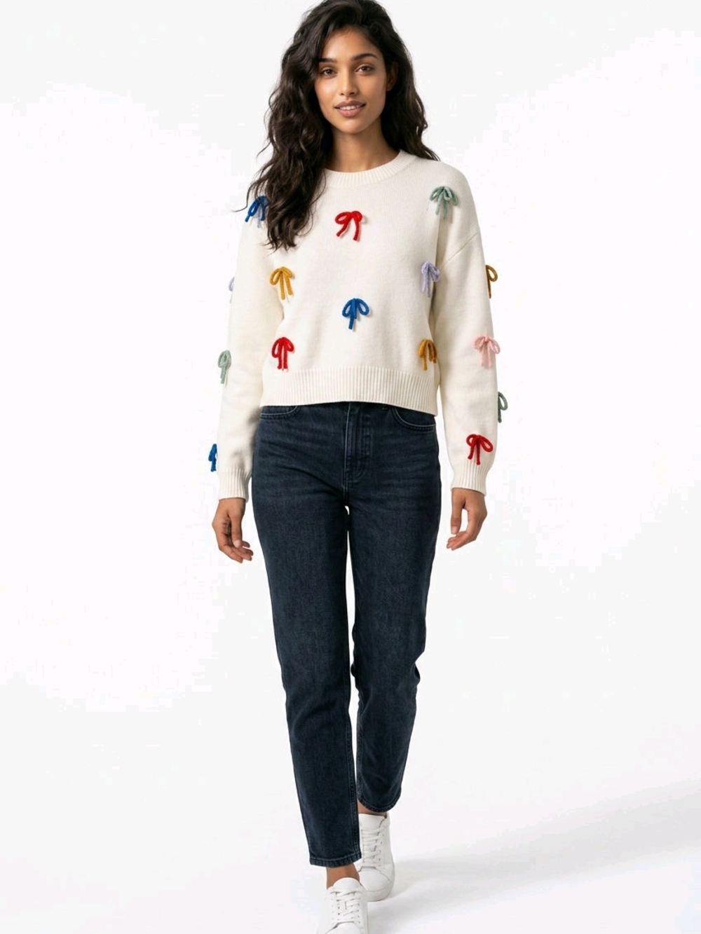 Luna Ivy White Bow Sweater Colorful Applique Yarn Bow Size Medium
